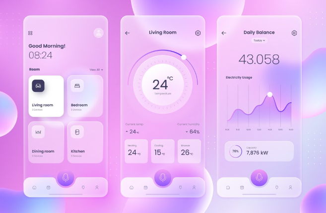 Aplicativo de Casa inteligente (Smart Home) com cores e profundidade translúcida